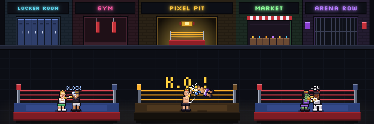 The Pit: neon doors to the Locker Room, Gym, Market and Arena Row, and three rings with fights in progress